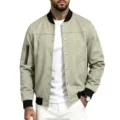 Men vintage suede bomber jacket detail, casual green streetwear with black ribbed hem and snap buttons. - Light Green