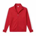 Men's red zipper stand collar jacket detail shot showing white side stripes and pockets. - S / Tops / Red