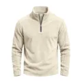 Detail view of casual stand collar half-zip fleece sweatshirt in soft beige color, comfortable. - Apricot