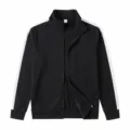Detail view of men's sports zip-up jacket with contrast side stripes and stand collar. - S / Tops / Black