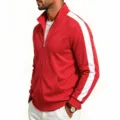 Chaqueta deportiva roja para hombre con cremallera, bandas blancas y cuello alto. - M / Rojo