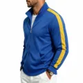 Blauwe heren trainingsjack met gele mouwstrepen, casual sportjack met ritssluiting blauw. - Saffierblauw