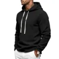 Men's black heavy polar fleece casual pullover hoodie with white drawstrings for winter. - S / Black