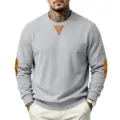Men's casual crewneck sweatshirt grey ribbed long sleeve top with elbow patches for autumn - S / Tops / Light Gray
