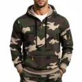 Men's European size camo fleece hoodie with 1/4 zip and multi pockets front main view - M / Army Green