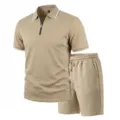 Men's summer textured short sleeve zip polo shirt and casual shorts set in stylish khaki design. - S / Top And Bottom / Khaki