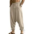 Mens casual linen harem pants streetwear loose fit drawstring jogger trousers khaki. - Light Khaki