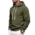 Men's olive green fleece hoodie with drawstring casual long sleeve pullover top for autumn. - S / Army Green