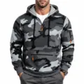 Men's Grey Camo Fleece-Lined Hoodie Quarter-Zip Multi-Pocket Casual Sweatshirt Top - M / Gray