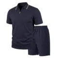 Men's navy blue short sleeve zip polo shirt and matching shorts jacquard knit casual set. - S / Top And Bottom / Navy Blue