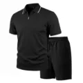 Men's summer casual jacquard polo shirt and shorts set with zipper collar and contrast trim. - S / Top And Bottom / Black