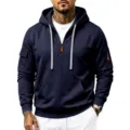Dunkelblauer Herren Fleece Kapuzenpullover mit Viertelreißverschluss und Taschen. - S / Oberteile / Marineblau