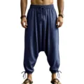 Men's loose linen harem pants casual drop crotch baggy trousers with drawstring waist and cuffs. - S / Bottoms / Navy Blue