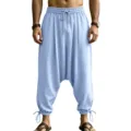 Men's Casual Linen Harem Pants Loose Drop Crotch Drawstring Hip Hop Beach Trousers Summer - Light Blue
