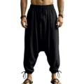Men's casual linen harem pants loose drop crotch trousers with drawstring and ankle ties. - S / Bottoms / Black