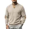 Heren Geribbelde Crewneck Trui Kaki met Kunstlederen Elboog Patches Model Variant - S / Abrikoos