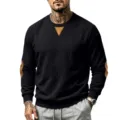 Zwarte heren sweater in ribgebreide stof met ronde hals en bruine lederen elleboogpatches voor herfst. - S / Zwart