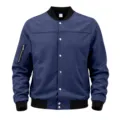 Men's blue suede bomber jacket detail featuring snap buttons, sleeve zip pocket and ribbed hem. - Navy Blue