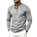 Men's retro long-sleeve Henley shirt with contrast placket and comfortable casual design. - S / Tops / Light Gray