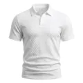 Men white textured jacquard polo shirt detail, casual short sleeve lapel top summer wear. - S / White