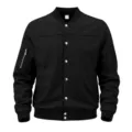Men's casual minimalist suede pilot baseball jacket with snap buttons and sleeve pocket. - Black