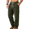 Men's corduroy cargo pants casual straight leg trousers with drawstring waist and pockets - S / Army Green