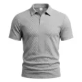 Close up detail of grey men textured knit polo shirt, short sleeve collar and button placket. - S / Light Gray
