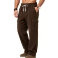 Men brown corduroy cargo pants casual straight leg trousers with drawstring elastic waist - Brown