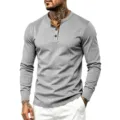 Camisa Henley Hombre Gris Acanalada Manga Larga Con Botón Contraste Otoño Top Casual - S / Gris claro