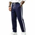Men casual sports sweatpants loose straight leg with contrast side stripe and drawstring waist. - S / Navy Blue