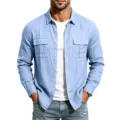 Herren Freizeit Langarm Leinenhemd mit zwei Taschen, klassisches hellblaues Freizeitoberteil. - Hellblau