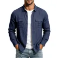 Herren Langarm Leinen Cargo Hemd Freizeit lose Button-Down Hemd mit zwei Brusttaschen - Marineblau