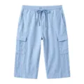 Lichtblauwe casual linnen cargoshorts voor heren, losse 3/4 broek met een elastische tailleband. - S / Lichtblauw