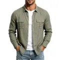 Herren Freizeit Langarm Hemd Utility Stil mit Brusttaschen einfarbig lockere Passform Leinen Look - S / Armeegrün