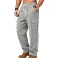Men grey corduroy cargo pants with drawstring and multi pockets casual straight trousers - S / Light Gray