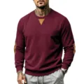 Heren vintage corduroy truien ronde hals sweatshirt met leren patches bordeaux - S / Bordeauxrood