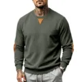 Elegant Pull Homme Vintage en Velours Vert Fonce Manches Longues et Coudieres Marron - Vert Militaire