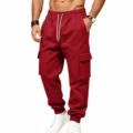 Pantaloni cargo felpati da uomo con tasche multiple e coulisse in vita per l'inverno. - Rosso