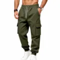 Pantaloni cargo da uomo verdi felpati casual invernali larghi con tasche multiple streetwear. - Verde militare