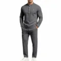 Men's long-sleeve henley shirt and matching casual trousers detail view in dark gray color. - Dark Gray