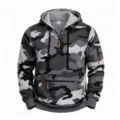 Grey camo half zip hoodie detail view showing multi pockets and fleece lining design. - M / Gray