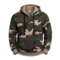 Men's camo fleece-lined half-zip hoodie with multi-pockets and drawstring hood for winter. - XL / Army Green