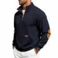Ανδρικό vintage casual φούτερ με μισό φερμουάρ και βάφλα πλεκτή με ενισχυμένους αγκώνες - Ναυτικό μπλε