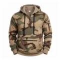 Men's camo fleece half zip hoodie tactical multi pocket knit hooded sweatshirt detail view. - M / Khaki