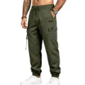 Men's olive green cargo pants with multiple pockets, elastic drawstring waist and cuffed ankles. - S / Bottoms / Army Green