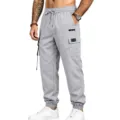 Detailed view of light gray men's cargo pants with multi-pockets, elastic drawstring waist. - S / Bottoms / Light Gray