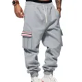 Mens fleece-lined cargo sweatpants casual streetwear grey pants with drawstring and pocket. - S / Light Gray