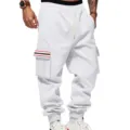Men's fleece-lined white cargo sweatpants, casual streetwear thick winter athletic joggers. - S / White