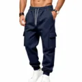 Pantaloni cargo felpati blu navy da uomo con tasche multiple e comoda coulisse in vita. - Blu navy