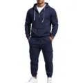 Herren Fleece gefütterter Cargo Hoodie Set, warme Outdoor Sportbekleidung mit Jogginghose. - M / Oberteil und Unterteil / Marineblau